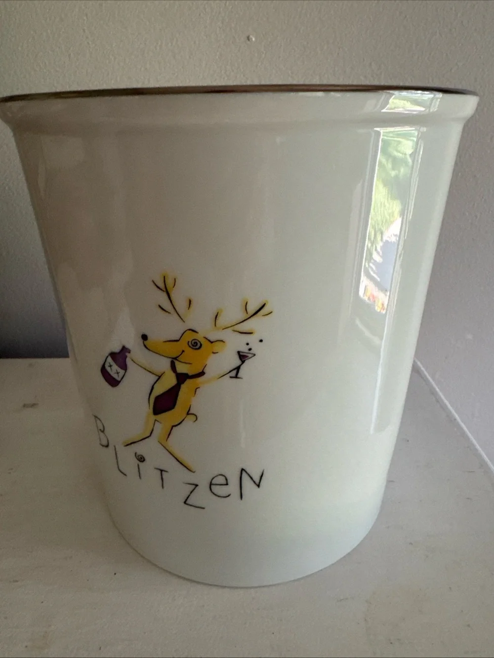 Pottery Barn Reindeer Wine/Champagne Ice Bucket Double Sided Dasher Blitzen